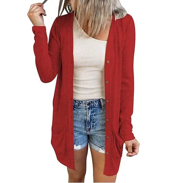 Women’s Cardigan Sweater Cowl Ribbed Knit Polyester Button Summer Spring Outdoor Home Halloween Casual Soft Long Sleeve Solid Color Black White Light Green S M L 10f5800b2f6ba681530ccddd24738303