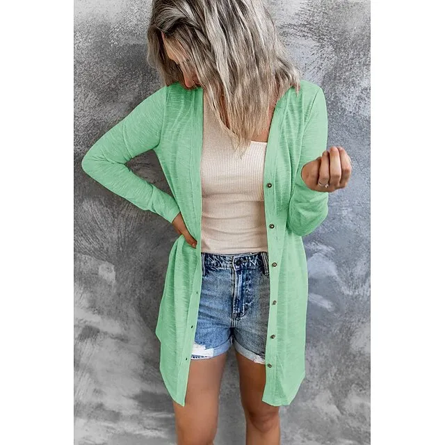 Women’s Cardigan Sweater Cowl Ribbed Knit Polyester Button Summer Spring Outdoor Home Halloween Casual Soft Long Sleeve Solid Color Black White Light Green S M L 2760ba180b214bc222c115700a44567c