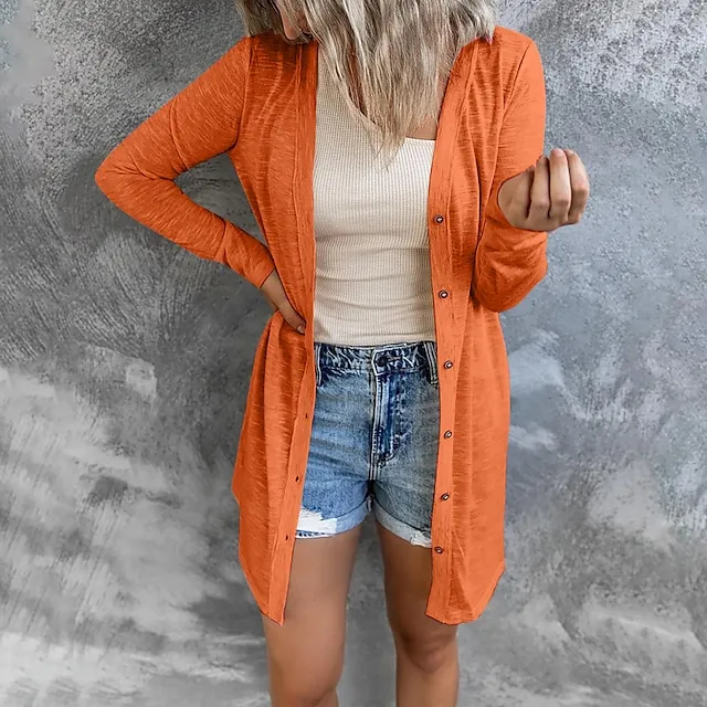 Women's Cardigan Sweater Cowl Ribbed Knit Polyester Button Summer Spring Outdoor Home Halloween Casual Soft Long Sleeve Solid Color Black White Light Green S M L