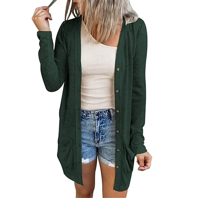 Women’s Cardigan Sweater Cowl Ribbed Knit Polyester Button Summer Spring Outdoor Home Halloween Casual Soft Long Sleeve Solid Color Black White Light Green S M L 8b7feebd8da2d43b1def873002fa6060