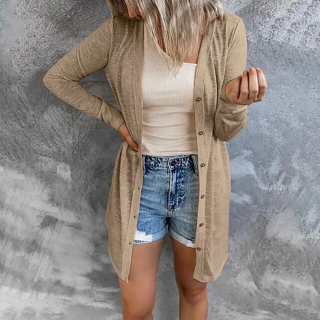 Women’s Cardigan Sweater Cowl Ribbed Knit Polyester Button Summer Spring Outdoor Home Halloween Casual Soft Long Sleeve Solid Color Black White Light Green S M L 8d71967e49765c4bc2a698d77f6eb7c2