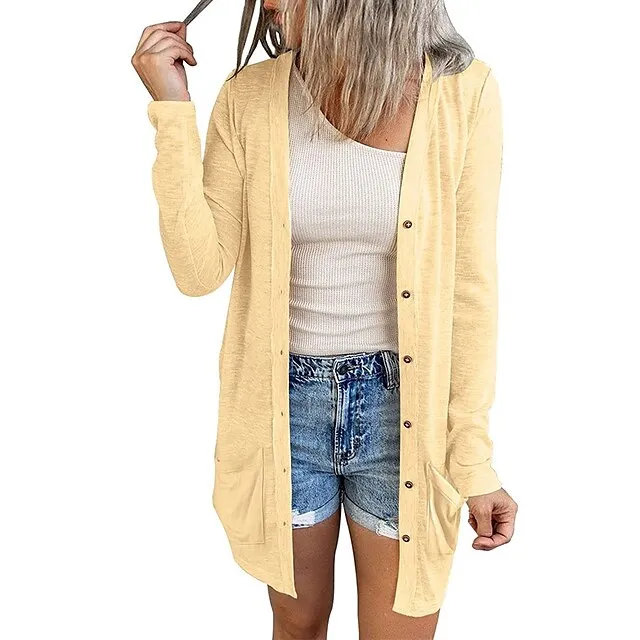 Women’s Cardigan Sweater Cowl Ribbed Knit Polyester Button Summer Spring Outdoor Home Halloween Casual Soft Long Sleeve Solid Color Black White Light Green S M L 9e7880d14ff729494061fe9f0e15c746