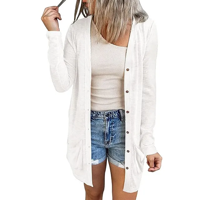 Women’s Cardigan Sweater Cowl Ribbed Knit Polyester Button Summer Spring Outdoor Home Halloween Casual Soft Long Sleeve Solid Color Black White Light Green S M L b74cb718bd42123f74620162837b5cb6