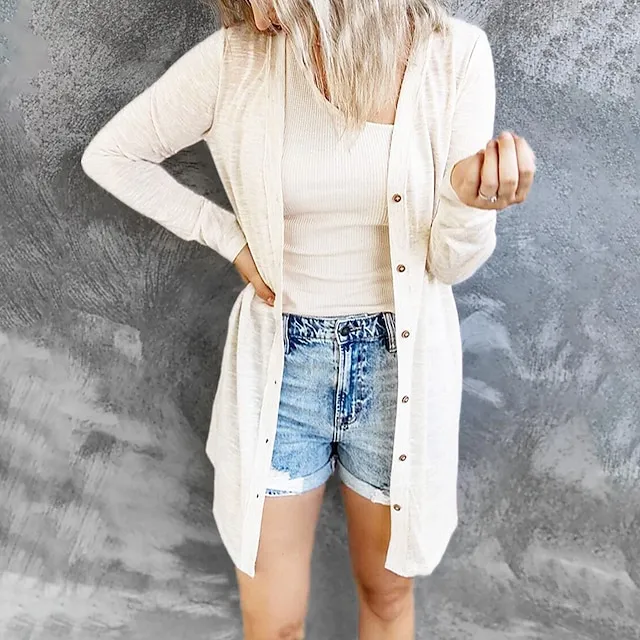 Women’s Cardigan Sweater Cowl Ribbed Knit Polyester Button Summer Spring Outdoor Home Halloween Casual Soft Long Sleeve Solid Color Black White Light Green S M L e86f6a760dbc263d13457ac68a9d4b5d