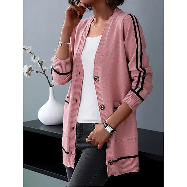Women’s Cardigan Sweater V Neck Ribbed Knit Spandex Yarns Patchwork Button Pocket Spring Fall Outdoor Daily Going out Stylish Casual Soft Long Sleeve Color Block Black Yellow Pink S M L 1b5a77cbb3759145d831a3bdf2f4a443