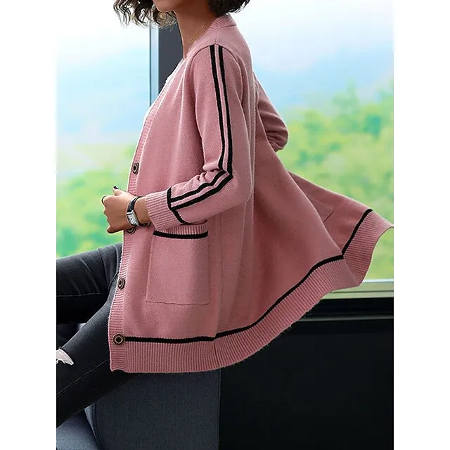 Women’s Cardigan Sweater V Neck Ribbed Knit Spandex Yarns Patchwork Button Pocket Spring Fall Outdoor Daily Going out Stylish Casual Soft Long Sleeve Color Block Black Yellow Pink S M L 4c81aa1ef4e5a91f61b173263f713d76