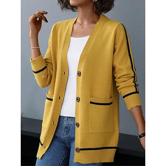 Women’s Cardigan Sweater V Neck Ribbed Knit Spandex Yarns Patchwork Button Pocket Spring Fall Outdoor Daily Going out Stylish Casual Soft Long Sleeve Color Block Black Yellow Pink S M L 4f1d3f4d427cf4a83b106a63c198f015