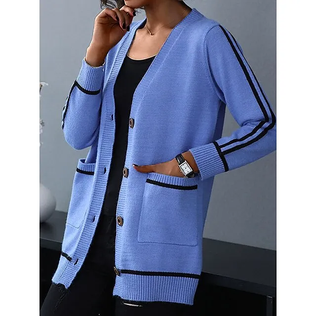 Women’s Cardigan Sweater V Neck Ribbed Knit Spandex Yarns Patchwork Button Pocket Spring Fall Outdoor Daily Going out Stylish Casual Soft Long Sleeve Color Block Black Yellow Pink S M L 8f2c5e5a312afc1ff28d90e8b5413ebf
