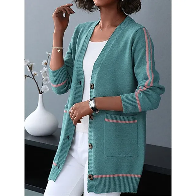 Women’s Cardigan Sweater V Neck Ribbed Knit Spandex Yarns Patchwork Button Pocket Spring Fall Outdoor Daily Going out Stylish Casual Soft Long Sleeve Color Block Black Yellow Pink S M L 9c8ff69592f69bcdbe85ffb4b84a7ca7