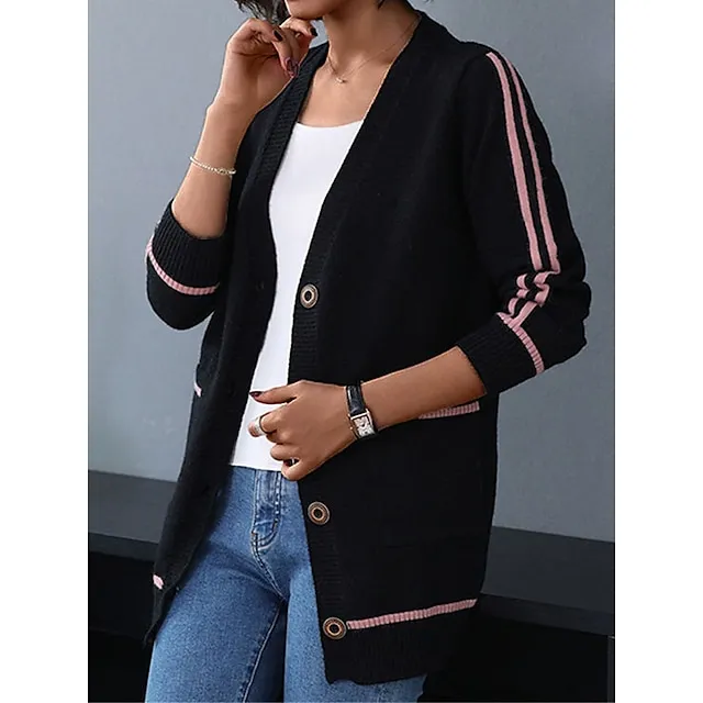 Women’s Cardigan Sweater V Neck Ribbed Knit Spandex Yarns Patchwork Button Pocket Spring Fall Outdoor Daily Going out Stylish Casual Soft Long Sleeve Color Block Black Yellow Pink S M L d42a2347f1e2bf3a829203e6769fe74c