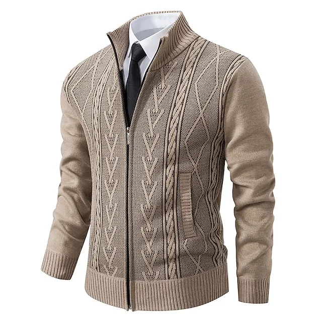 Men's Sweater Cardigan Sweater Ribbed Knit Regular Knitted Stand Collar Warm Ups Modern Contemporary Back to School Daily Wear Clothing Apparel Fall & Winter Light Grey Dark Grey S M L