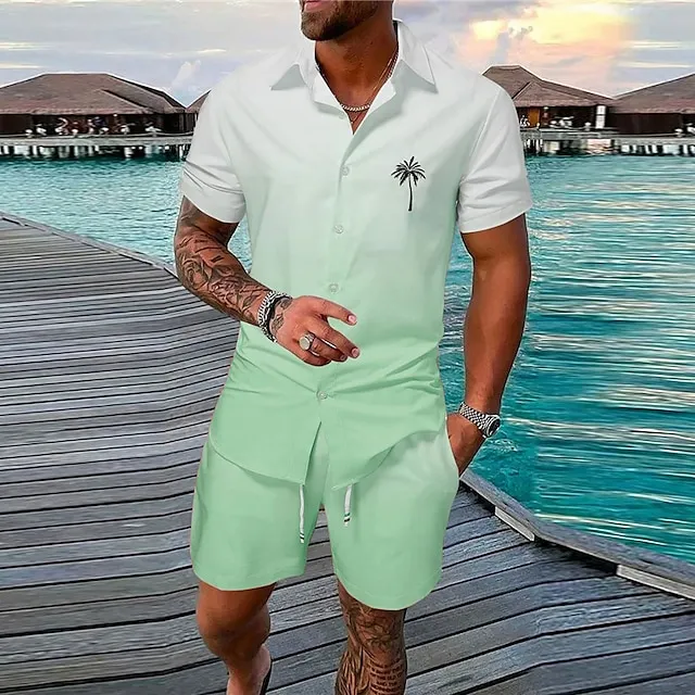 Vacation Mens Graphic Shirt Set Summer Hawaiian Gradient Prints Turndown Yellow Pink Blue Green Gray Outdoor Street Short Sleeves Clothing Palm Casual Beach Cotton 1230ec23cadae914e3799b66a6821842