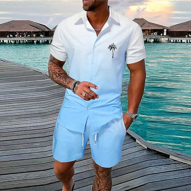 Vacation Mens Graphic Shirt Set Summer Hawaiian Gradient Prints Turndown Yellow Pink Blue Green Gray Outdoor Street Short Sleeves Clothing Palm Casual Beach Cotton