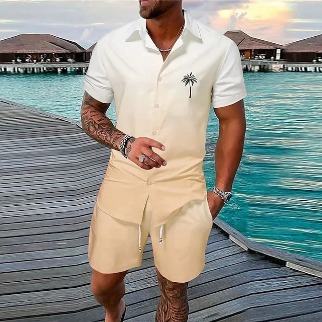 Vacation Mens Graphic Shirt Set Summer Hawaiian Gradient Prints Turndown Yellow Pink Blue Green Gray Outdoor Street Short Sleeves Clothing Palm Casual Beach Cotton dd92571915160b3f662f3140581e83f8