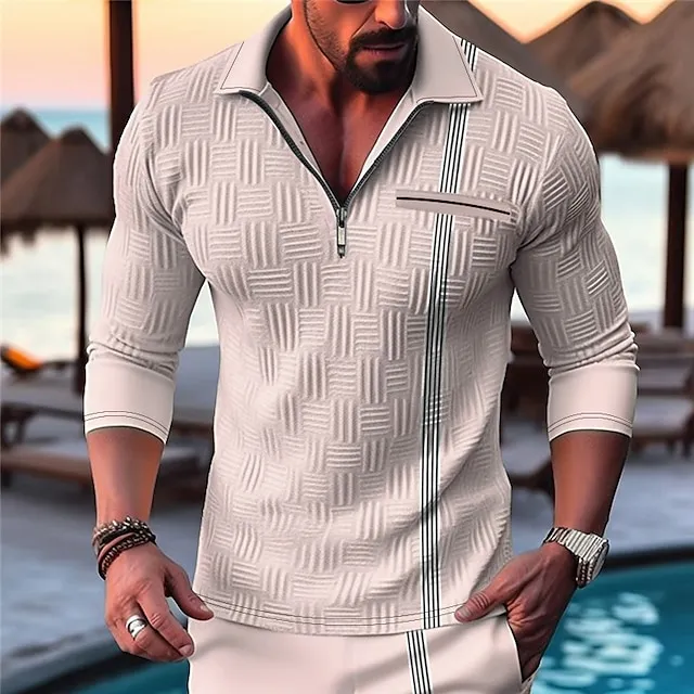 Men's Polo Shirt Quarter Zip Polo Work Daily Wear Lapel Long Sleeve Fashion Comfortable Color Block Zip Up Summer Spring Regular Fit Black White Blue Beige Gray Polo Shirt