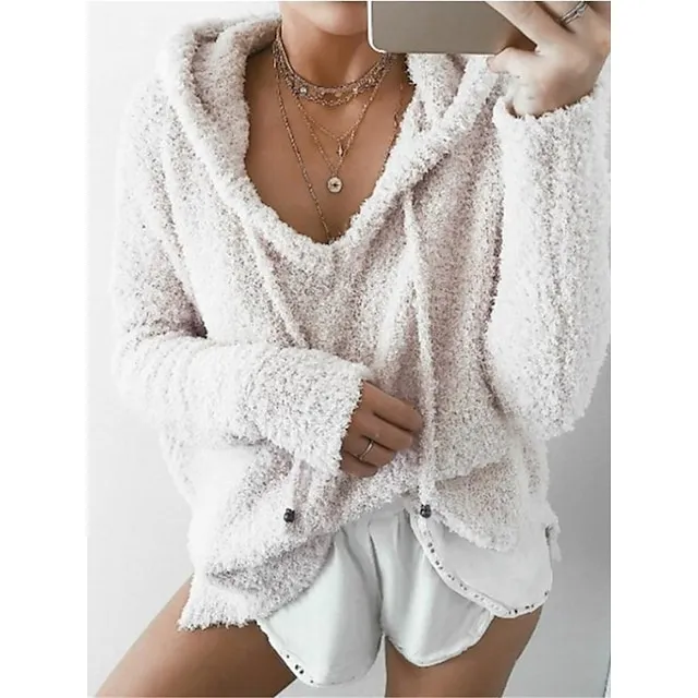 Women's Pullover Sweater Jumper Hooded Ribbed Knit Polyester Lace up Fall Winter Daily Going out Weekend Stylish Casual Soft Long Sleeve Solid Color Black White Pink S M L