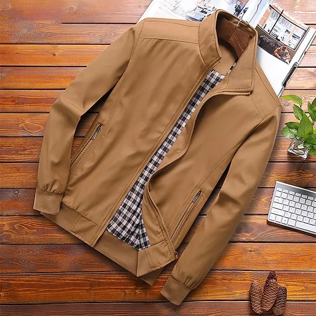 Men's Jacket Business Daily Windproof Pocket Spring Autumn Plain Fashion Casual Stand Collar Regular Black Blue Green khaki Light Grey Jacket
