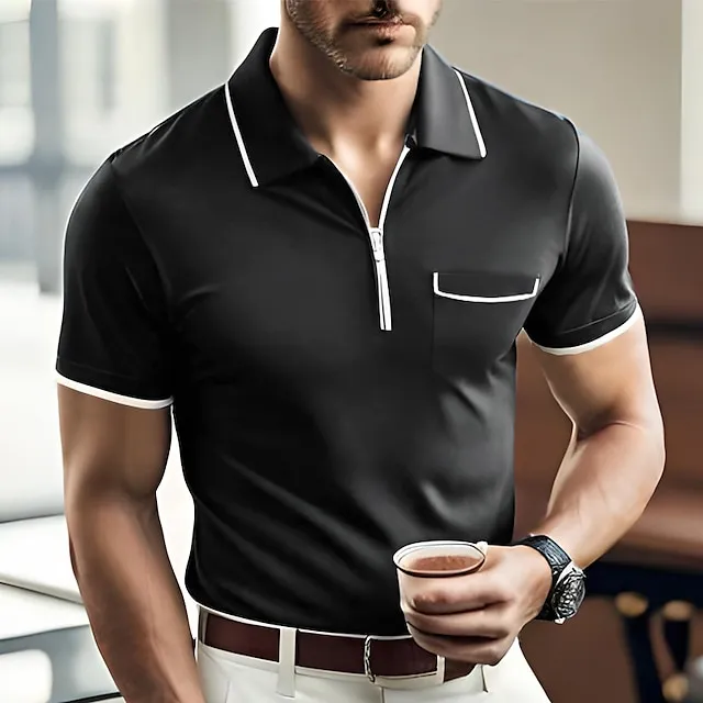 Men's Zip Polo Polo Shirt Casual Holiday Lapel Quarter Zip Short Sleeve Fashion Basic Plain Quarter Zip Summer Regular Fit Black Dark Navy Orange Green Gray Zip Polo