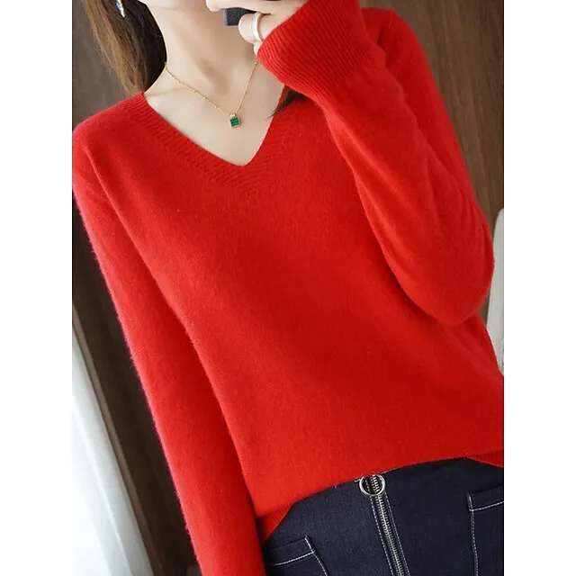 Women’s Pullover Sweater Jumper V Neck Ribbed Knit Wool Oversized Summer Fall Outdoor Daily Going out Stylish Casual Soft Long Sleeve Solid Color White Yellow Light Green S M L 0691201fe492cee24feaca64e31c4ab2