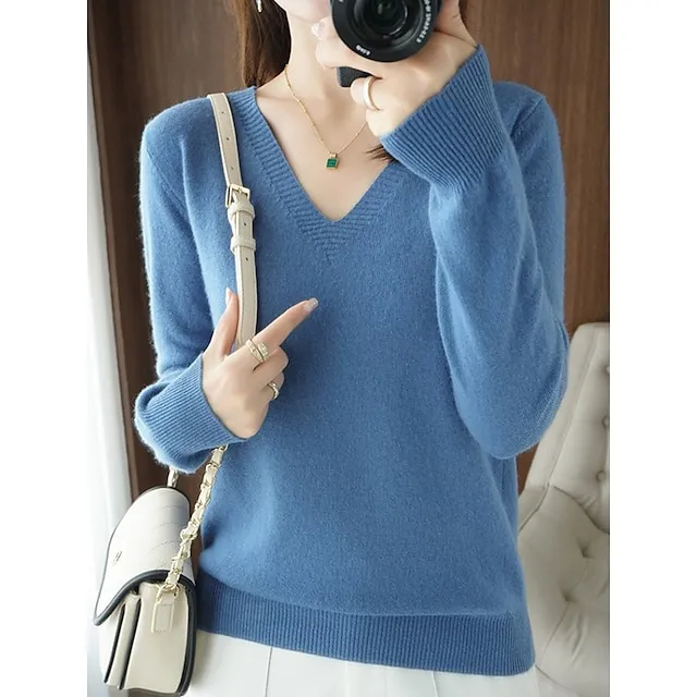 Women’s Pullover Sweater Jumper V Neck Ribbed Knit Wool Oversized Summer Fall Outdoor Daily Going out Stylish Casual Soft Long Sleeve Solid Color White Yellow Light Green S M L 09e2db070c3f0fed3d9e877f8abf3efa
