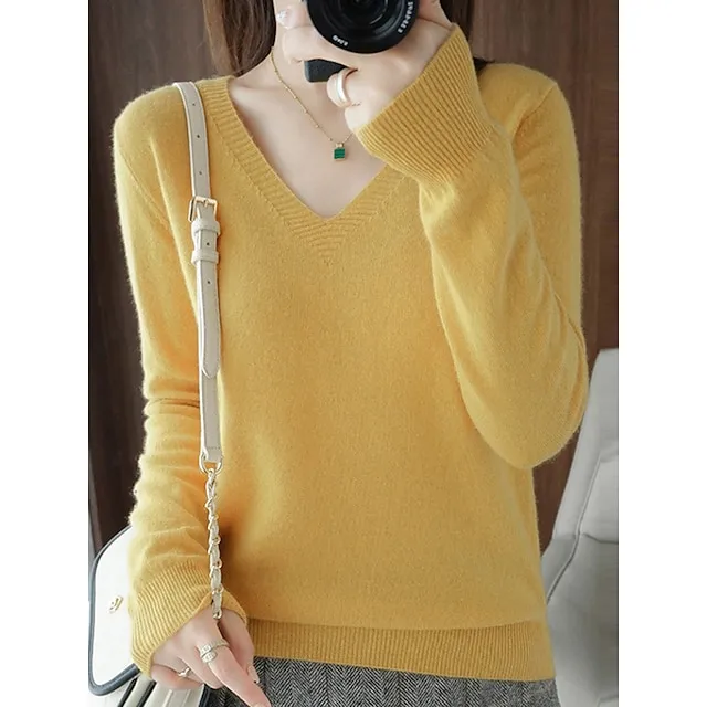 Women’s Pullover Sweater Jumper V Neck Ribbed Knit Wool Oversized Summer Fall Outdoor Daily Going out Stylish Casual Soft Long Sleeve Solid Color White Yellow Light Green S M L 136e2ca5b21aa307a5b18b50ed11a708