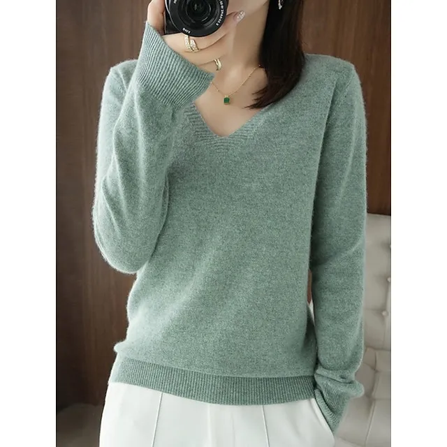Women’s Pullover Sweater Jumper V Neck Ribbed Knit Wool Oversized Summer Fall Outdoor Daily Going out Stylish Casual Soft Long Sleeve Solid Color White Yellow Light Green S M L 2cda88b133a9614cd8626ddf8a8737c4