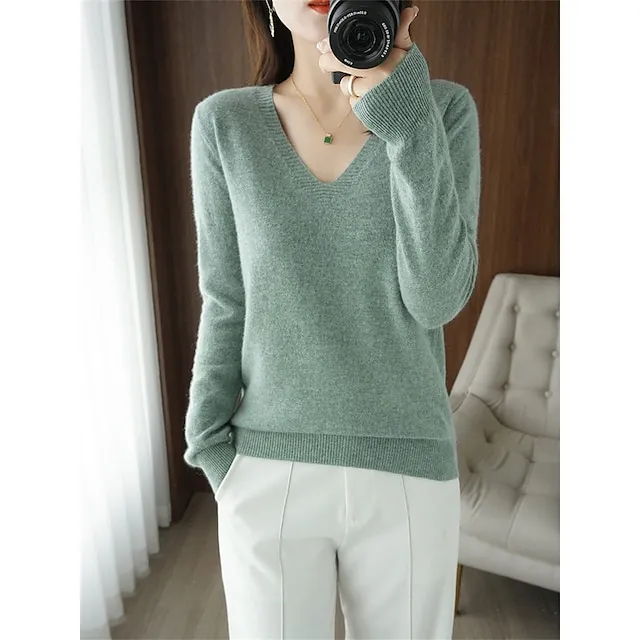 Women’s Pullover Sweater Jumper V Neck Ribbed Knit Wool Oversized Summer Fall Outdoor Daily Going out Stylish Casual Soft Long Sleeve Solid Color White Yellow Light Green S M L 357140d01db15111792096d4569eb469