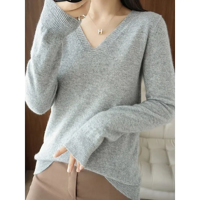 Women’s Pullover Sweater Jumper V Neck Ribbed Knit Wool Oversized Summer Fall Outdoor Daily Going out Stylish Casual Soft Long Sleeve Solid Color White Yellow Light Green S M L 397137d03faadbf29023a35229e13b99