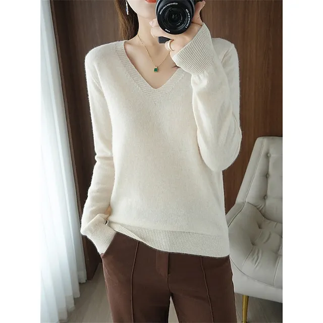 Women’s Pullover Sweater Jumper V Neck Ribbed Knit Wool Oversized Summer Fall Outdoor Daily Going out Stylish Casual Soft Long Sleeve Solid Color White Yellow Light Green S M L 3af756cab03cb029b4eabacc33143f18