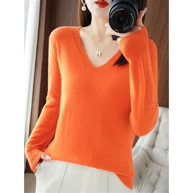 Women’s Pullover Sweater Jumper V Neck Ribbed Knit Wool Oversized Summer Fall Outdoor Daily Going out Stylish Casual Soft Long Sleeve Solid Color White Yellow Light Green S M L 557f9f6930bc5f6b3767e80371cd2941