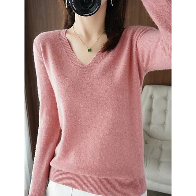 Women’s Pullover Sweater Jumper V Neck Ribbed Knit Wool Oversized Summer Fall Outdoor Daily Going out Stylish Casual Soft Long Sleeve Solid Color White Yellow Light Green S M L 5e87c367ed1386b18b7e81797d2bf668