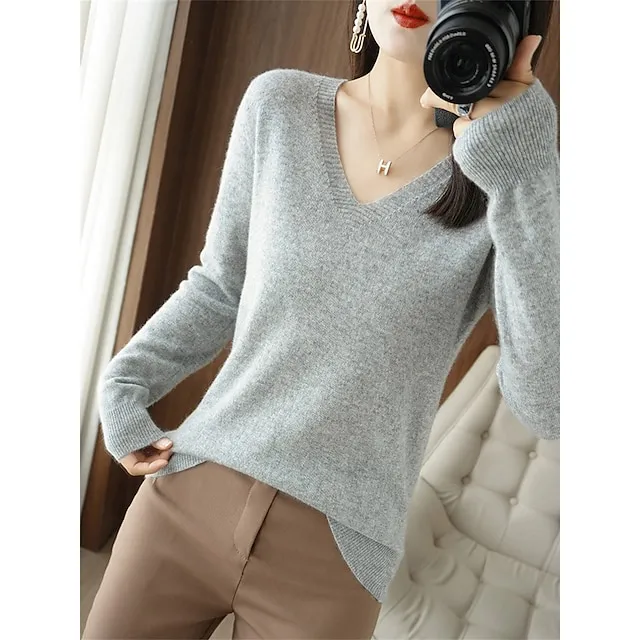 Women’s Pullover Sweater Jumper V Neck Ribbed Knit Wool Oversized Summer Fall Outdoor Daily Going out Stylish Casual Soft Long Sleeve Solid Color White Yellow Light Green S M L 65c40d7a3201597a1c042491c9b66d39