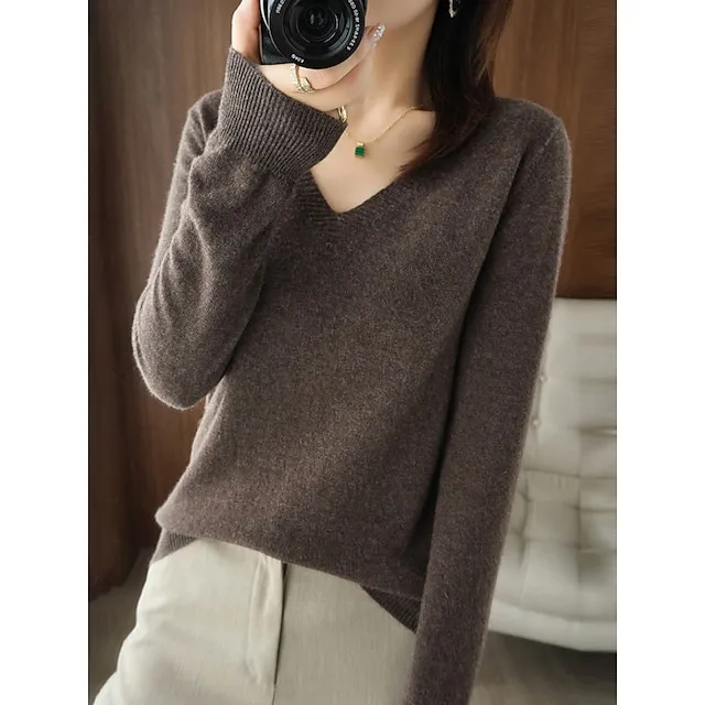 Women’s Pullover Sweater Jumper V Neck Ribbed Knit Wool Oversized Summer Fall Outdoor Daily Going out Stylish Casual Soft Long Sleeve Solid Color White Yellow Light Green S M L 6ce7162554f046533993287fcd041058