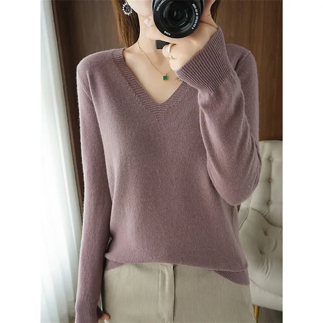 Women’s Pullover Sweater Jumper V Neck Ribbed Knit Wool Oversized Summer Fall Outdoor Daily Going out Stylish Casual Soft Long Sleeve Solid Color White Yellow Light Green S M L 8e182f5292cead9d0678774d70f10db9