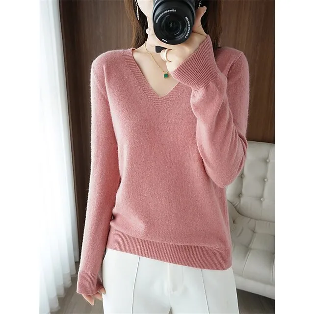 Women’s Pullover Sweater Jumper V Neck Ribbed Knit Wool Oversized Summer Fall Outdoor Daily Going out Stylish Casual Soft Long Sleeve Solid Color White Yellow Light Green S M L 990f7712a635dc83a1f2cf9496bdba00