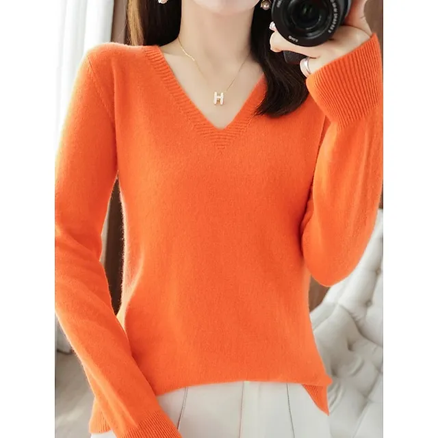 Women’s Pullover Sweater Jumper V Neck Ribbed Knit Wool Oversized Summer Fall Outdoor Daily Going out Stylish Casual Soft Long Sleeve Solid Color White Yellow Light Green S M L b095b6b378dc8b444e656e3c146f0442