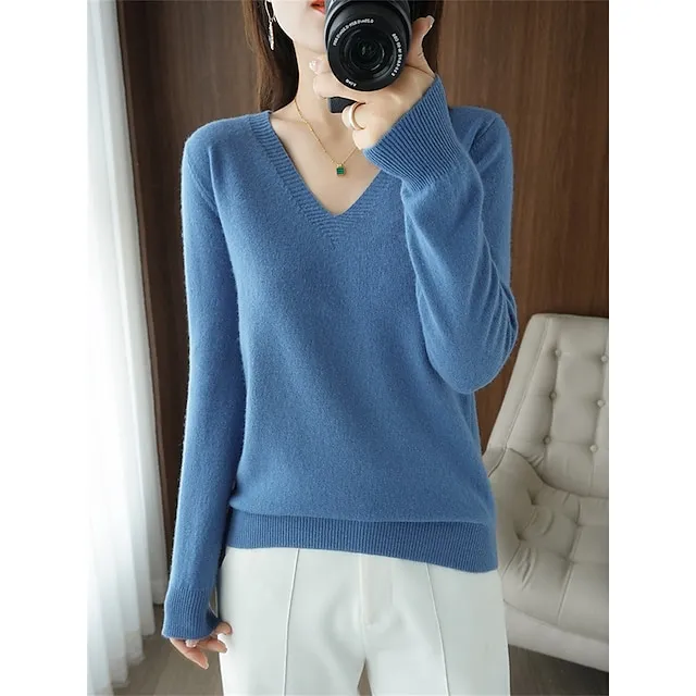 Women’s Pullover Sweater Jumper V Neck Ribbed Knit Wool Oversized Summer Fall Outdoor Daily Going out Stylish Casual Soft Long Sleeve Solid Color White Yellow Light Green S M L baa1c25eaf480949d27a6f4b6c5b4bc9