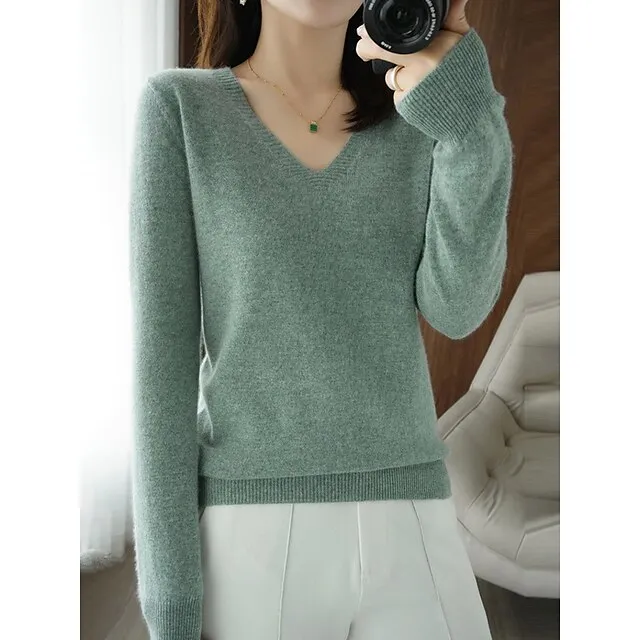 Women’s Pullover Sweater Jumper V Neck Ribbed Knit Wool Oversized Summer Fall Outdoor Daily Going out Stylish Casual Soft Long Sleeve Solid Color White Yellow Light Green S M L bad9ba86450fbb51750d4e6c2925568d