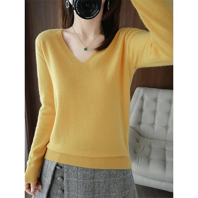Women’s Pullover Sweater Jumper V Neck Ribbed Knit Wool Oversized Summer Fall Outdoor Daily Going out Stylish Casual Soft Long Sleeve Solid Color White Yellow Light Green S M L c6104133b33e84a373c8d6428428a331