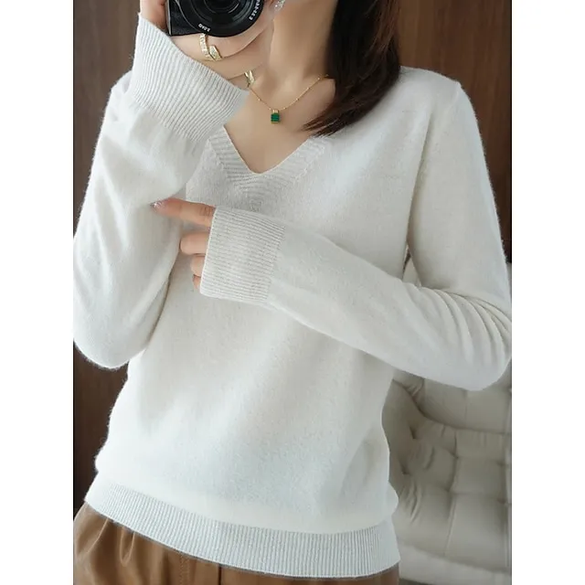 Women’s Pullover Sweater Jumper V Neck Ribbed Knit Wool Oversized Summer Fall Outdoor Daily Going out Stylish Casual Soft Long Sleeve Solid Color White Yellow Light Green S M L cf8977d62f2db2541d56435b9522203f