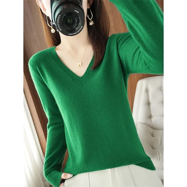 Women’s Pullover Sweater Jumper V Neck Ribbed Knit Wool Oversized Summer Fall Outdoor Daily Going out Stylish Casual Soft Long Sleeve Solid Color White Yellow Light Green S M L eecfc9b732a01e6ca8a4375553d40c2f