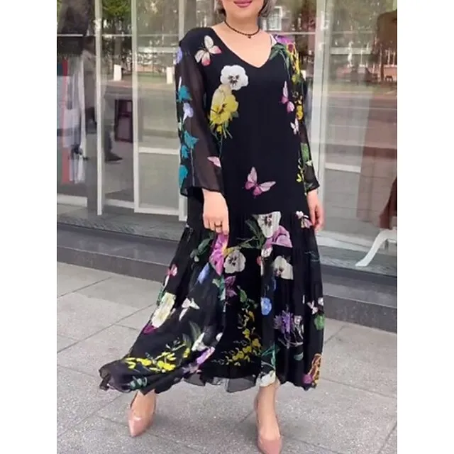 Women's Prom Dress Party Dress Wedding Guest Dress Long Dress Maxi Dress Black Long Sleeve Floral Print Spring Fall Winter V Neck Fashion Winter Dress Evening Party Wedding Guest S M L XL XXL 3XL