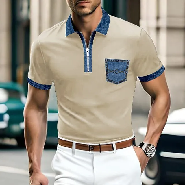 Men's Zip Polo Polo Shirt Casual Holiday Lapel Quarter Zip Short Sleeve Fashion Basic Plain Quarter Zip Summer Regular Fit Black White Blue Brown Gray Zip Polo