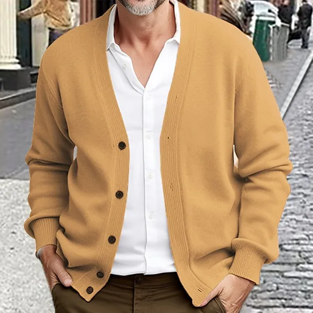 Men’s Sweater Cropped Sweater Cardigan Sweater Ribbed Knit Regular Knitted Plain V Neck Warm Ups Modern Contemporary Daily Wear Going out Clothing Apparel Winter Black Burgundy S M L 2a532f96fc0c2047c9eb1b62cb4bba00