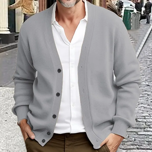 Men’s Sweater Cropped Sweater Cardigan Sweater Ribbed Knit Regular Knitted Plain V Neck Warm Ups Modern Contemporary Daily Wear Going out Clothing Apparel Winter Black Burgundy S M L 7427682c363d26bc361cf7e1791acaea