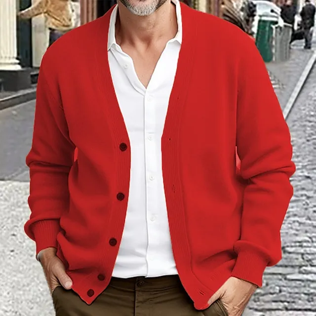 Men's Sweater Cropped Sweater Cardigan Sweater Ribbed Knit Regular Knitted Plain V Neck Warm Ups Modern Contemporary Daily Wear Going out Clothing Apparel Winter Black Burgundy S M L