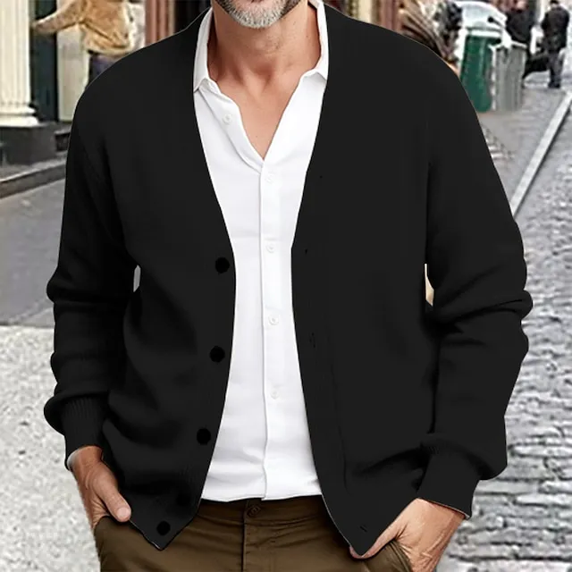 Men’s Sweater Cropped Sweater Cardigan Sweater Ribbed Knit Regular Knitted Plain V Neck Warm Ups Modern Contemporary Daily Wear Going out Clothing Apparel Winter Black Burgundy S M L e7921a4fa877764ac39678fc31de9115