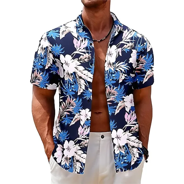 Men's Shirt Summer Hawaiian Shirt Floral Graphic Prints Turndown Black Yellow Red Navy Blue Royal Blue Outdoor Street Short Sleeves Print Clothing Apparel Fashion Designer Casual Soft
