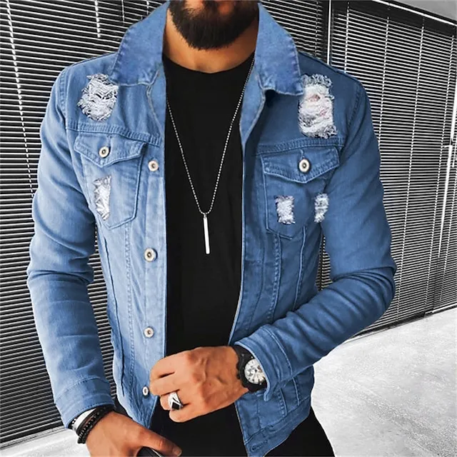 Men’s Casual Jacket Jean Jacket Denim Jacket Outdoor Daily Wear Warm Button Ripped Fall Plain Fashion Streetwear Lapel Regular Blue Pale Blue Jacket feceae433758091fe400a7ef50e3762d