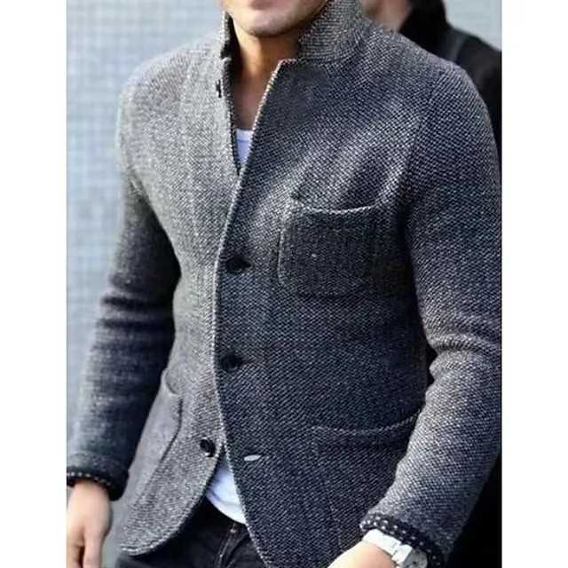 Men's Jacket Casual Jacket Outdoor Daily Wear Warm Button Pocket Fall Winter Plain Fashion Streetwear Stand Collar Regular Black Blue Grey Jacket